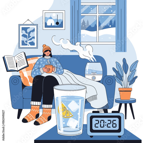 Cozy Winter Evening: Woman Relaxing Indoors with Hot Drink and Humidifier