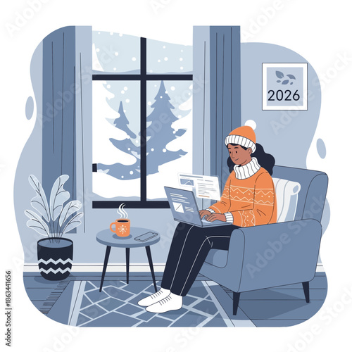 Cozy Winter Freelancer Working on Laptop by Snowy Window