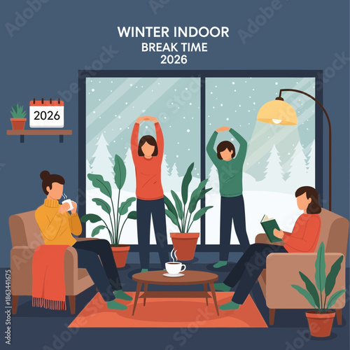 Cozy Winter Indoor Break Time: Family Relaxing and Exercising at Home