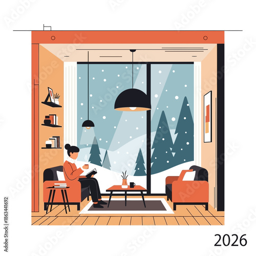 Cozy Winter Living Room Scene: Woman Reading by Snowy Window