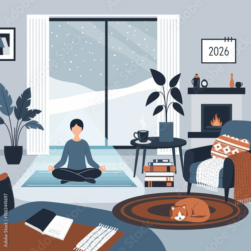 Cozy Winter Living Room with Person Meditating by Snowy Window