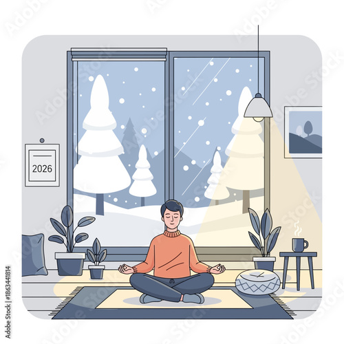 Man meditating indoors with winter snow scene visible through window