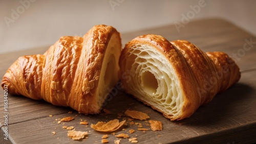 Wallpaper Mural Two golden brown croissants on a wooden cutting board with crumbs Torontodigital.ca