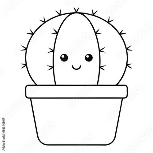 Cute smiling kawaii style round cactus plant with simple spines drawn in black outline vector art for coloring book pages and stickers