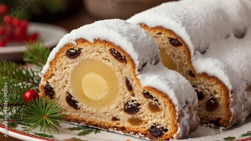 Wallpaper Mural A delicious stollen cake with powdered sugar on a festive plate with holly Torontodigital.ca