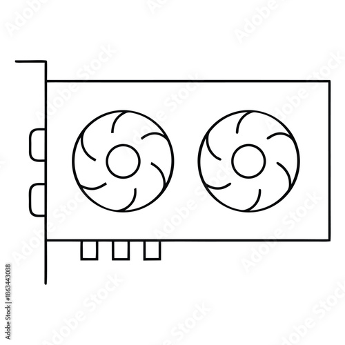 Simple line icon drawing of a dual fan computer graphics card featuring cooling mechanisms and expansion slots for hardware illustration concepts