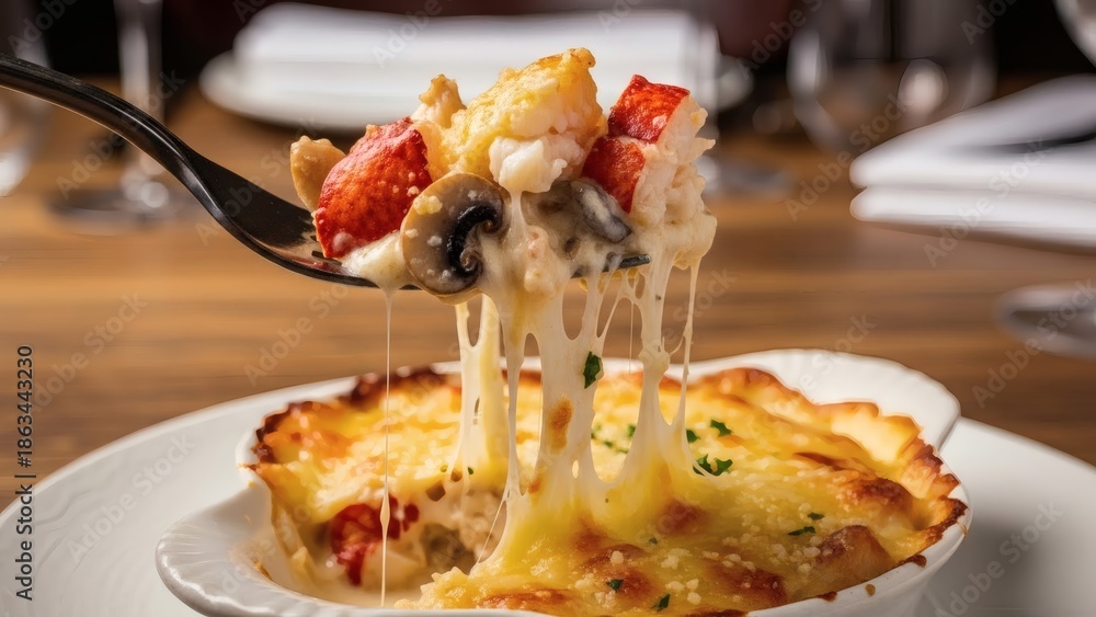 custom made wallpaper toronto digitalA fork holding a portion of cheesy lasagna with melted cheese strings on a white plate in a restaurant setting with a wooden table