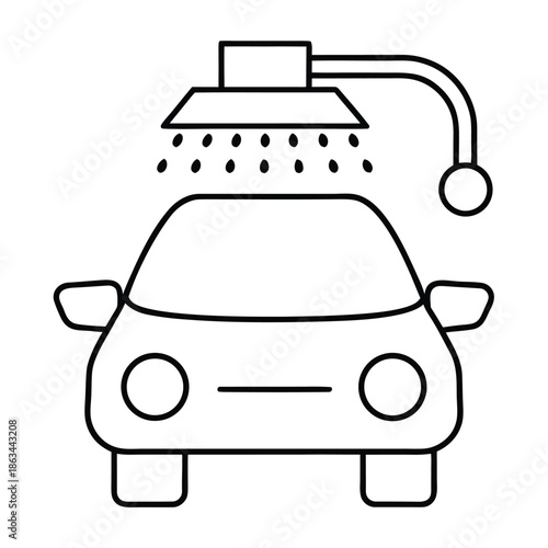 Simple black and white line art icon representing a vehicle undergoing an automated or manual washing process under a shower head dispensing water droplets for cleaning purposes