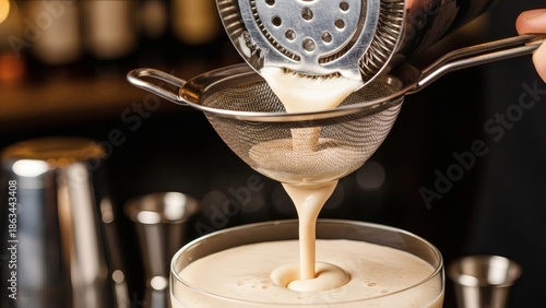 Wallpaper Mural Bartender pouring creamy cocktail through strainer into glass with blurred bar tools Torontodigital.ca