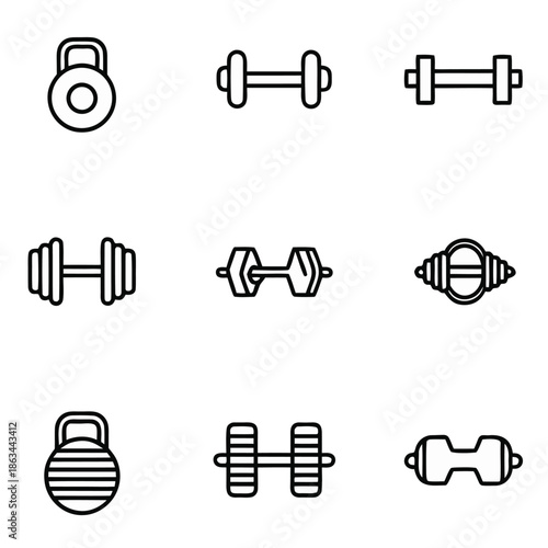 A collection of nine distinct black outline icons representing various styles of weightlifting equipment including dumbbells and kettlebells for fitness applications and training guides