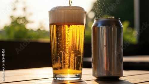 Wallpaper Mural A glass of beer and a can of beer on a wooden table outdoors in sunshine Torontodigital.ca