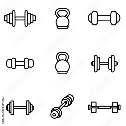 Collection of diverse black line art icons representing various types of free weight equipment essential for intense strength training workouts and physical fitness routines