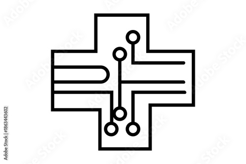 The illustration features a medical cross (also known as a Greek cross or a plus sign), which is a universal symbol for healthcare, first aid, and hospitals