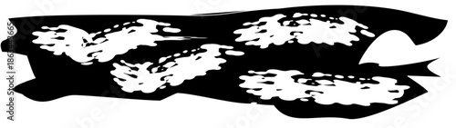 Abstract brush stroke with white paint splatter on black background
