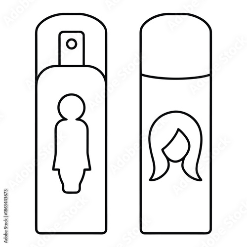Simple black outline icons depicting two different aerosol spray cans one showing a female figure silhouette and the other showing a woman's face illustrating personal care product variations