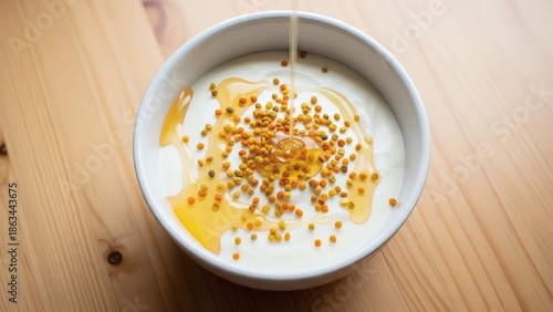 Wallpaper Mural A bowl of creamy yogurt topped with honey and bee pollen on a wooden table Torontodigital.ca