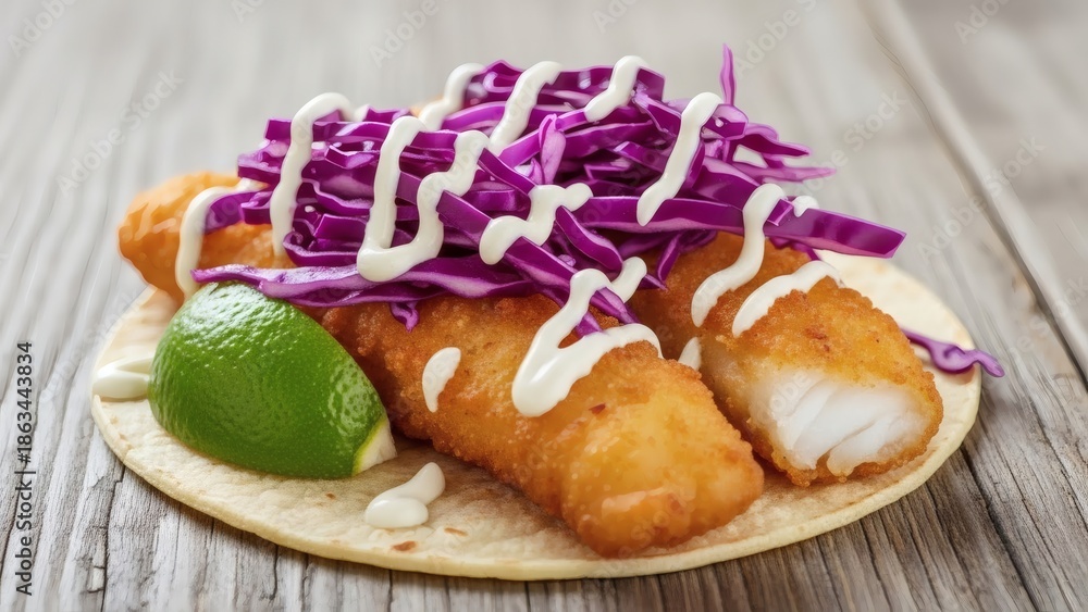 custom made wallpaper toronto digitalDelicious fish tacos with purple cabbage and lime on a wooden table with tortilla
