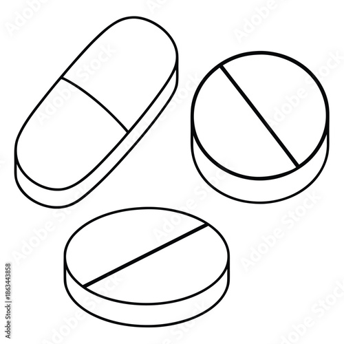 Three distinct prescription medication shapes are depicted in a simple black and white isometric outline drawing illustrating a capsule and two scored tablets for medical concepts.
