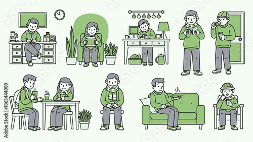 A collection of illustrations depicting a man engaged in various daily activities at home.