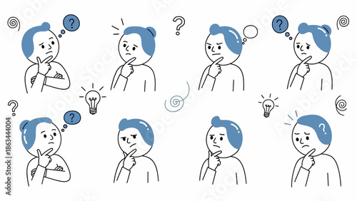 A collection of illustrations depicting a man in various states of thought and confusion.