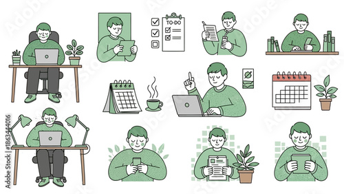 A collection of illustrations depicting a man working and engaging in daily tasks.