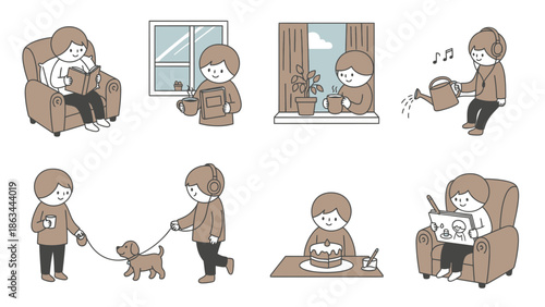 A collection of illustrations depicting a person engaged in various daily activities at home.