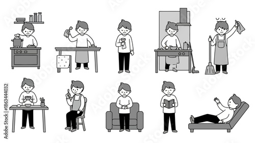 A collection of illustrations depicting a person engaged in various daily activities.