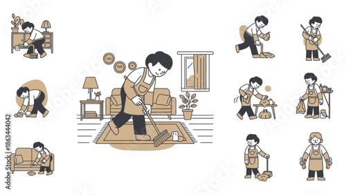 A collection of illustrations depicting a person engaged in various household cleaning activities.