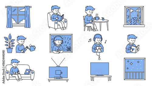 A collection of illustrations depicting a person engaged in various indoor activities, showcasing daily life and leisure.