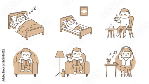 A collection of illustrations depicting a person engaged in various relaxing activities at home.