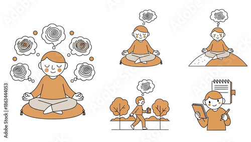 A collection of illustrations depicting a person engaged in various mindful activities.