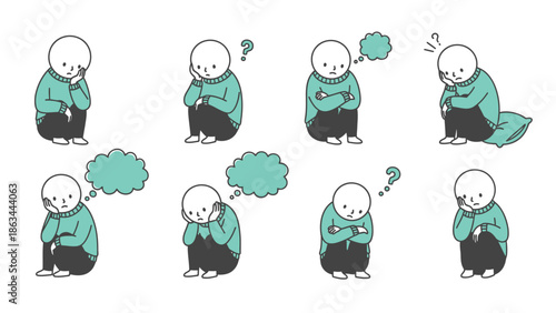 A collection of illustrations depicting a person in various states of contemplation and distress.