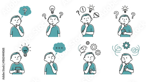 A collection of illustrations depicting a person in various states of thought and problem-solving.