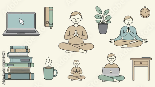A collection of illustrations depicting a person meditating, studying, and working from home.