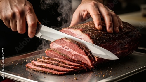 Wallpaper Mural Hands slicing a large piece of roasted meat on a metal tray with a knife Torontodigital.ca