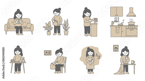 A collection of illustrations depicting a woman engaged in various daily activities at home.