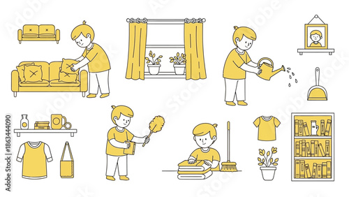 A collection of illustrations depicting a young boy engaged in various household chores, showcasing responsibility and daily routines.
