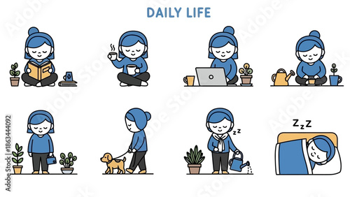 A collection of illustrations depicting a womans daily life activities at home.