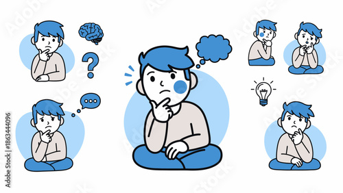 A collection of illustrations depicting a young boy in various poses of deep thought and contemplation.