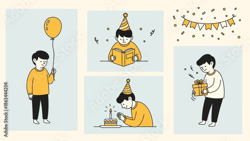 Birthday Celebration Boy Enjoying Gifts and Cake.