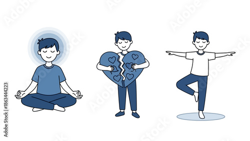 Boy Meditating Holding Broken Heart and Doing Yoga.