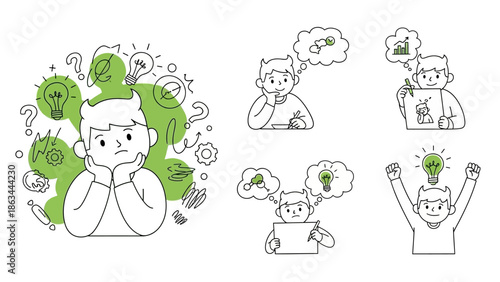 Boy Thinking About Ideas and Problems with Lightbulbs and Question Marks.