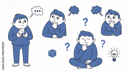 Boy thinking with question marks and lightbulb representing ideas and problem solving.