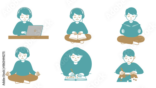 Children engaged in various activities like reading and studying.