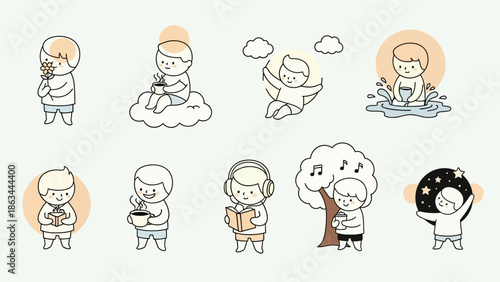 Collection of Cute Cartoon Children Engaged in Various Activities.