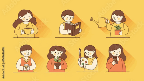 Collection of diverse cartoon characters engaged in various hobbies and activities.