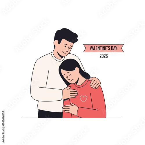 Supportive Man Comforts Sad Woman, Valentine's Day Concept, Love and Empathy Illustration
