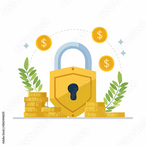 Flat illustration of a gold padlock with shield and coins surrounded by leaves and dollar signs on a white background with a secure and financial mood.