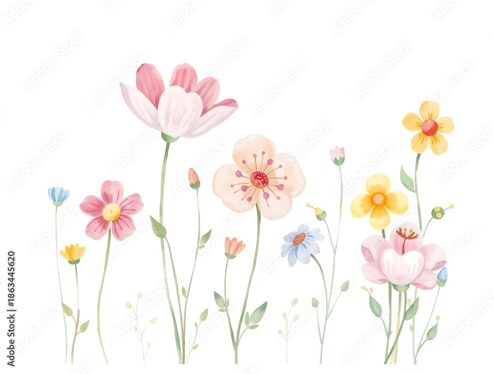 Naklejka premium Whimsical hand-drawn watercolor illustration of cute and cozy floral soft petal-like flowers in pastel shades of pale pink, blue, and yellow, with green stems and leaves