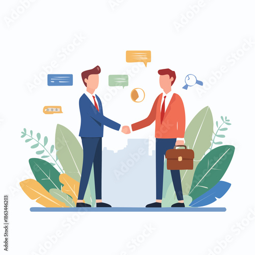 Illustration of two businessmen shaking hands with speech bubbles and leaves on a white background, conveying a professional and friendly agreement.